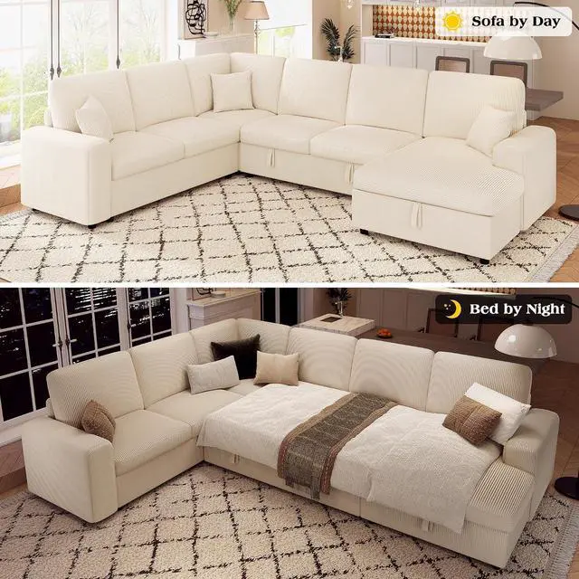Alt view image 3 of 7 - 130" Sofa Bed, Sectional Sleeper Sofa with Pull Out Bed, Sleeper Couch with Storage, 6 Seater Couch for Living Room, Corduroy Off-White