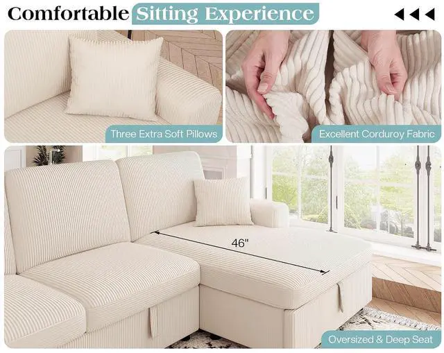 Alt view image 7 of 7 - 130" Sofa Bed, Sectional Sleeper Sofa with Pull Out Bed, Sleeper Couch with Storage, 6 Seater Couch for Living Room, Corduroy Off-White