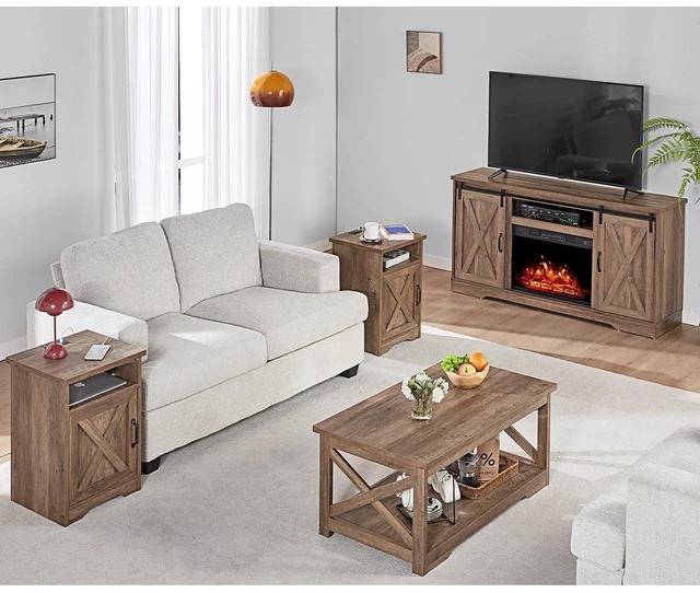 Alt view image 2 of 7 - 5-Piece Farmhouse Table Set Includes Fireplace TV Stand, Coffee Table& Two End Tables with Charging Station and USB Ports, for Living Room, Barnwood