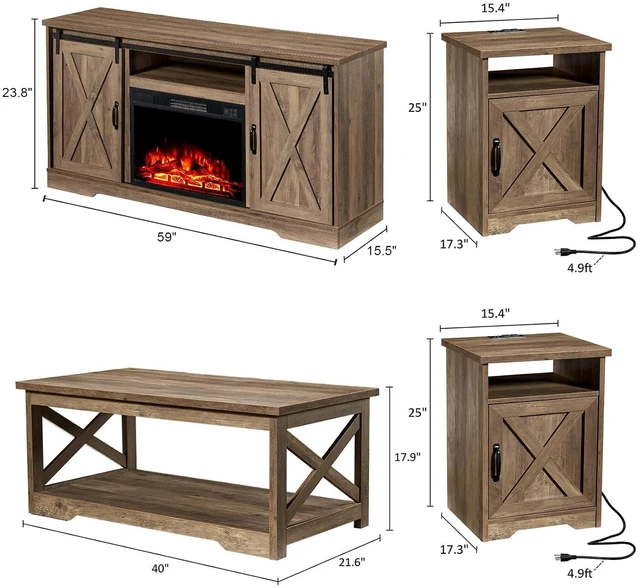 Alt view image 7 of 7 - 5-Piece Farmhouse Table Set Includes Fireplace TV Stand, Coffee Table& Two End Tables with Charging Station and USB Ports, for Living Room, Barnwood