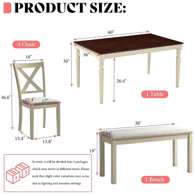 Alt view image 2 of 7 - 6-Piece Farmhouse Dining Table Set for 6-7, 60" Solid Wood Kitchen Table and Chairs, 1 Dining Table, 4 Upholstered Chairs and 1 Bench, Rustic Dining Room Set, Rustic White