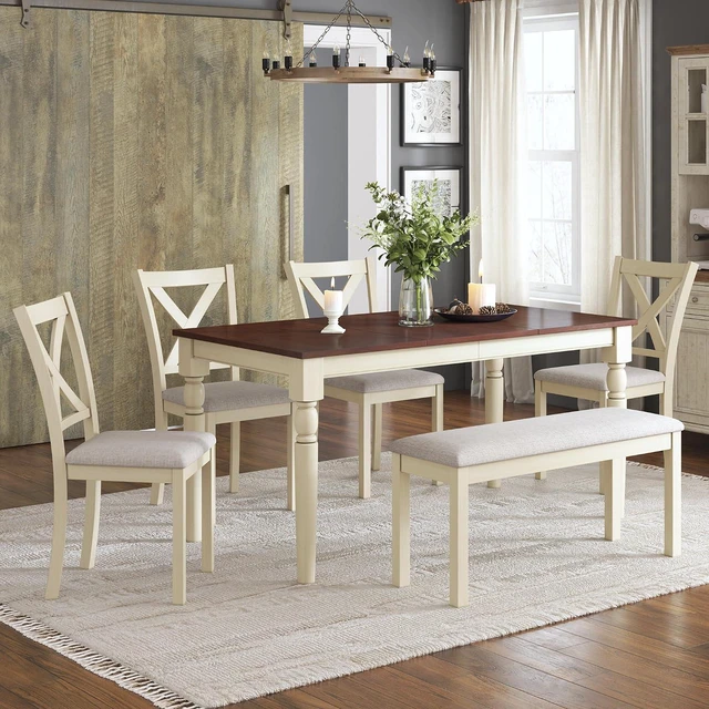 Main image of 6-Piece Farmhouse Dining Table Set for 6-7, 60" Solid Wood Kitchen Table and Chairs, 1 Dining Table, 4 Upholstered Chairs and 1 Bench, Rustic Dining Room Set, Rustic White
