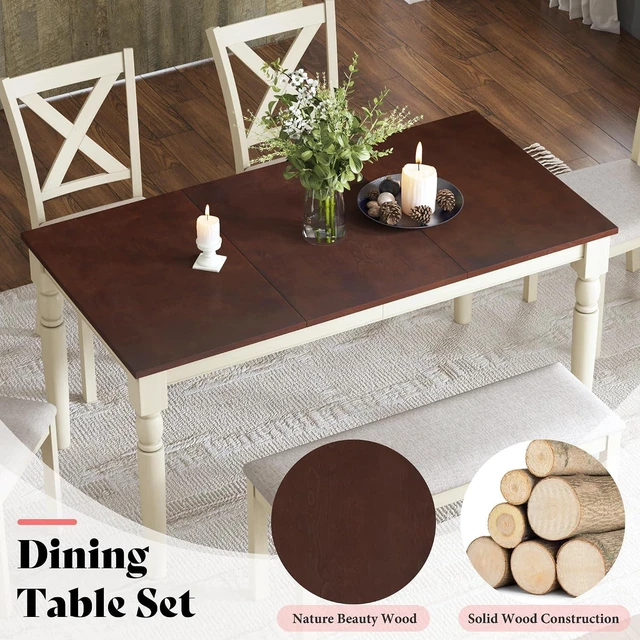 Alt view image 3 of 7 - 6-Piece Farmhouse Dining Table Set for 6-7, 60" Solid Wood Kitchen Table and Chairs, 1 Dining Table, 4 Upholstered Chairs and 1 Bench, Rustic Dining Room Set, Rustic White