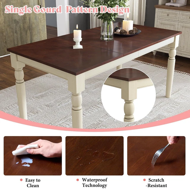 Alt view image 4 of 7 - 6-Piece Farmhouse Dining Table Set for 6-7, 60" Solid Wood Kitchen Table and Chairs, 1 Dining Table, 4 Upholstered Chairs and 1 Bench, Rustic Dining Room Set, Rustic White