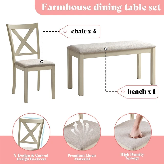 Alt view image 5 of 7 - 6-Piece Farmhouse Dining Table Set for 6-7, 60" Solid Wood Kitchen Table and Chairs, 1 Dining Table, 4 Upholstered Chairs and 1 Bench, Rustic Dining Room Set, Rustic White