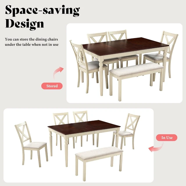 Alt view image 6 of 7 - 6-Piece Farmhouse Dining Table Set for 6-7, 60" Solid Wood Kitchen Table and Chairs, 1 Dining Table, 4 Upholstered Chairs and 1 Bench, Rustic Dining Room Set, Rustic White