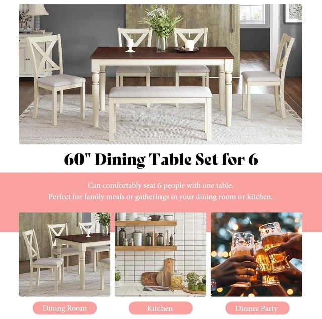 Alt view image 7 of 7 - 6-Piece Farmhouse Dining Table Set for 6-7, 60" Solid Wood Kitchen Table and Chairs, 1 Dining Table, 4 Upholstered Chairs and 1 Bench, Rustic Dining Room Set, Rustic White