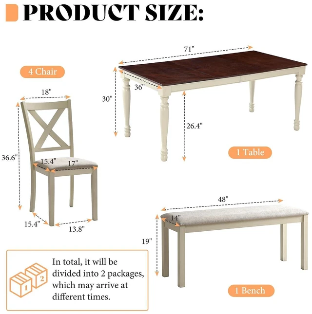 Alt view image 2 of 7 - 6-Piece Farmhouse Dining Table Set for 6-7, 71" Solid Wood Kitchen Table and Chairs, 1 Dining Table, 4 Upholstered Chairs and 1 Bench, Rustic Dining Room Set, Rustic White