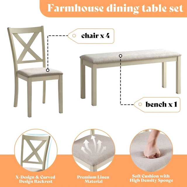 Alt view image 5 of 7 - 6-Piece Farmhouse Dining Table Set for 6-7, 71" Solid Wood Kitchen Table and Chairs, 1 Dining Table, 4 Upholstered Chairs and 1 Bench, Rustic Dining Room Set, Rustic White