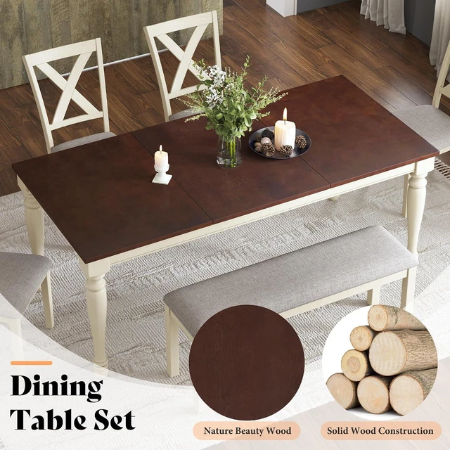Alt view image 3 of 7 - 6-Piece Farmhouse Dining Table Set for 6-7, 71" Solid Wood Kitchen Table and Chairs, 1 Dining Table, 4 Upholstered Chairs and 1 Bench, Rustic Dining Room Set, Rustic White