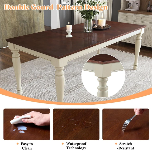 Alt view image 4 of 7 - 6-Piece Farmhouse Dining Table Set for 6-7, 71" Solid Wood Kitchen Table and Chairs, 1 Dining Table, 4 Upholstered Chairs and 1 Bench, Rustic Dining Room Set, Rustic White