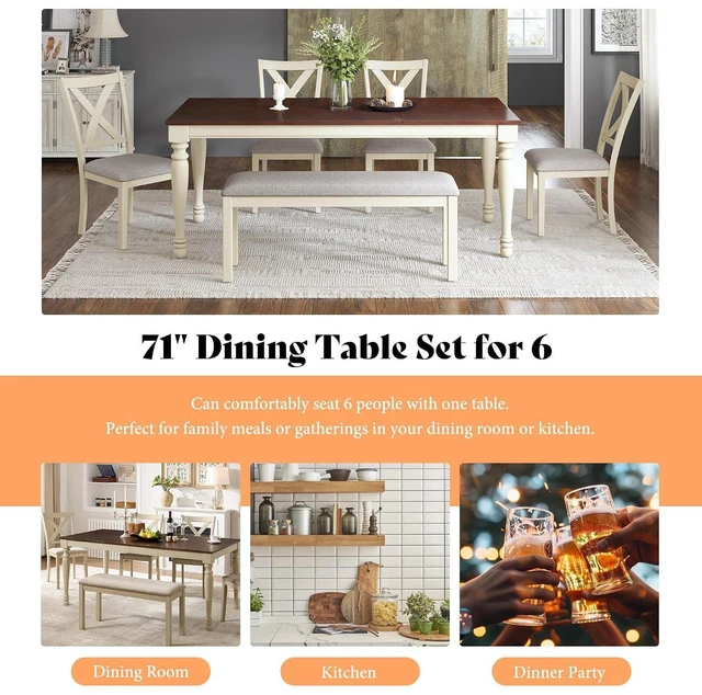 Alt view image 6 of 7 - 6-Piece Farmhouse Dining Table Set for 6-7, 71" Solid Wood Kitchen Table and Chairs, 1 Dining Table, 4 Upholstered Chairs and 1 Bench, Rustic Dining Room Set, Rustic White