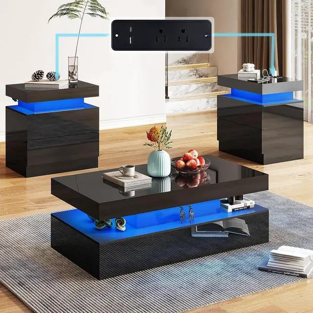 Main image of High Gloss 3 Pieces Living Room Table Set, Modern LED Coffee Table Sets of 3, 2-Tier Center Table with 2 End Side Tables, LED Lights Bedside Table Nightstands with Charging Station, Black