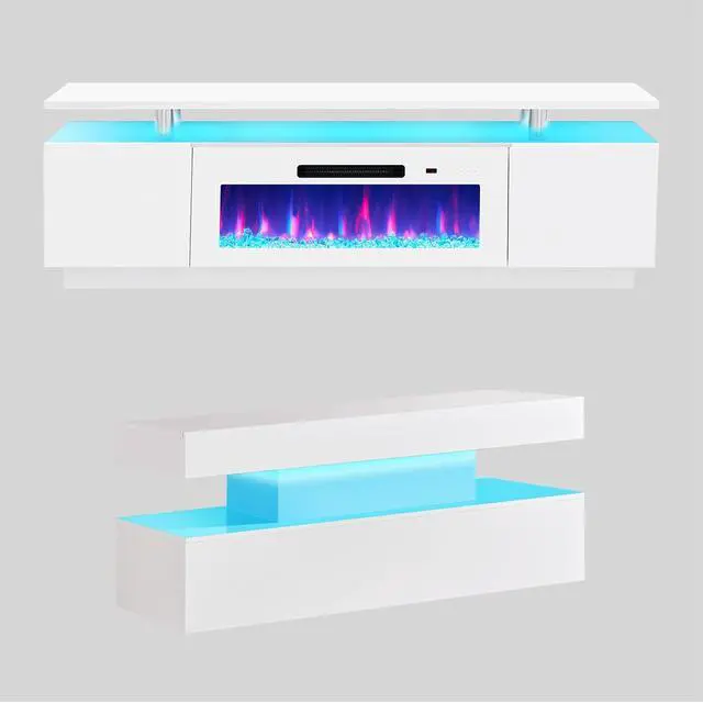 Main image of 3 Piece Modern Living Room Table Set, Includes 70" High Gloss Fireplace TV Stand, 2-Tier Coffee Table, LED Lights Entertainment Center Set for Living Room, White