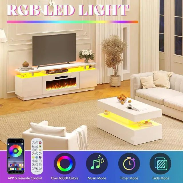 Alt view image 6 of 7 - 3 Piece Modern Living Room Table Set, Includes 70" High Gloss Fireplace TV Stand, 2-Tier Coffee Table, LED Lights Entertainment Center Set for Living Room, White