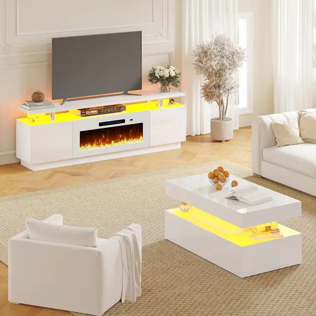 Alt view image 7 of 7 - 3 Piece Modern Living Room Table Set, Includes 70" High Gloss Fireplace TV Stand, 2-Tier Coffee Table, LED Lights Entertainment Center Set for Living Room, White