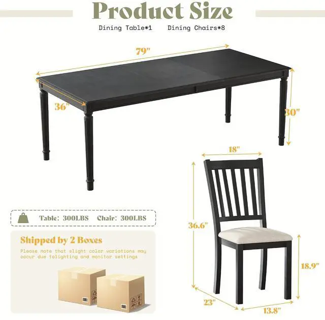 Alt view image 2 of 7 - 9-Piece Farmhouse Dining Table Set for 8, 79" Rectangular Kitchen Table with 8 Upholstered Chairs, Solid Rubberwood Frame, Roman Conical Legs, Grey