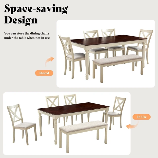 Alt view image 7 of 7 - 6-Piece Farmhouse Dining Table Set for 6-7, 71" Solid Wood Kitchen Table and Chairs, 1 Dining Table, 4 Upholstered Chairs and 1 Bench, Rustic Dining Room Set, Rustic White