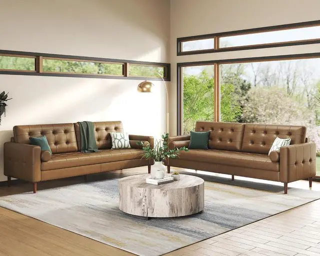 Main image of Mid-Century Genuine Leather Couch - 2 Piece 3 Seater Modern Sofa, Comfy Couch for Living Room & Home Office - Brown Leather