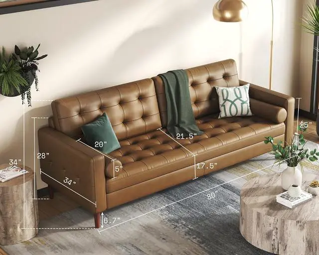 Alt view image 2 of 6 - Mid-Century Genuine Leather Couch - 2 Piece 3 Seater Modern Sofa, Comfy Couch for Living Room & Home Office - Brown Leather