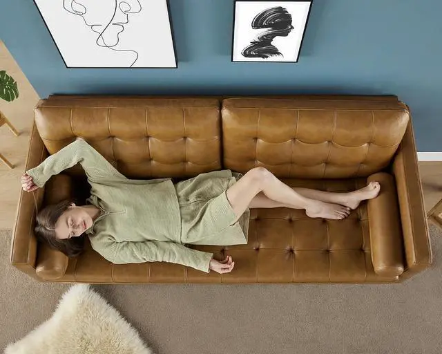 Alt view image 3 of 6 - Mid-Century Genuine Leather Couch - 2 Piece 3 Seater Modern Sofa, Comfy Couch for Living Room & Home Office - Brown Leather