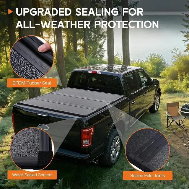 Alt view image 3 of 7 - Albott 5.5 FT FRP Hard Tri-fold Truck Bed Tonneau Cover for 20152026 Ford F-150, Tonneau Cover for F150, Fits Styleside/Fleetside Bed, Black