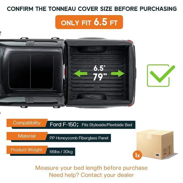 Alt view image 2 of 7 - Albott 6.5 FT FRP Hard Tri-fold Truck Bed Tonneau Cover for 20152026 Ford F-150, Tonneau Cover for F150, Fits Styleside/Fleetside Bed, Black