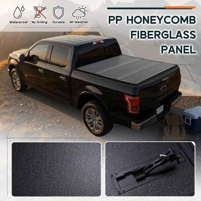 Alt view image 4 of 7 - Albott 5.5 FT FRP Hard Tri-fold Truck Bed Tonneau Cover for 20152026 Ford F-150, Tonneau Cover for F150, Fits Styleside/Fleetside Bed, Black