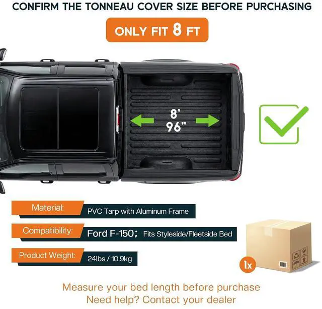 Alt view image 2 of 7 - Albott 8 FT Soft Roll-up Truck Bed Tonneau Cover for 20152026 Ford F-150, Tonneau Cover for F150, Fits Styleside/Fleetside Bed, Black