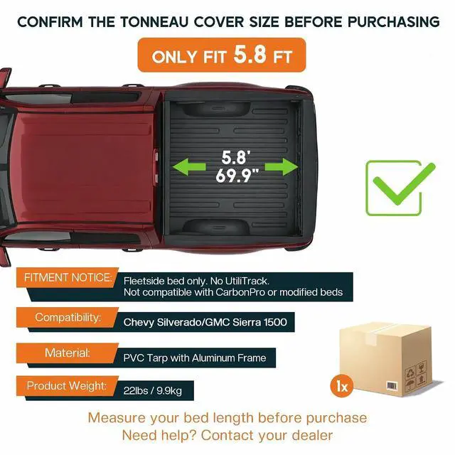 Alt view image 2 of 7 - Albott 5.8 FT Soft Tri-fold Truck Bed Tonneau Cover for 20072026 Chevy Silverado/GMC Sierra 1500 Folding Tonneau Cover for Trucks, Fits Fleetside Bed, No UtiliTrack, Not for CarbonPro