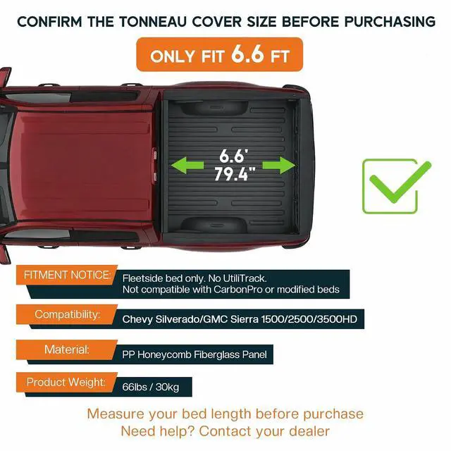 Alt view image 2 of 7 - Albott 6.6 FT FRP Hard Tri-Fold Truck Bed Tonneau Cover for 20142026 Chevy Silverado/GMC Sierra 1500, 20152019 2500/3500 HD, Fits Fleetside Bed, No UtiliTrack, Not for CarbonPro