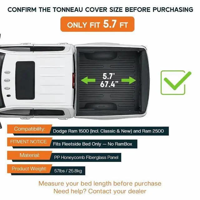 Alt view image 2 of 7 - Albott 5.7 FT FRP Hard Tri-fold Truck Bed Tonneau Cover for 20092026 Dodge Ram 1500 & 2500 (Incl. Classic & New), Fits Fleetside Bed Without Rambox