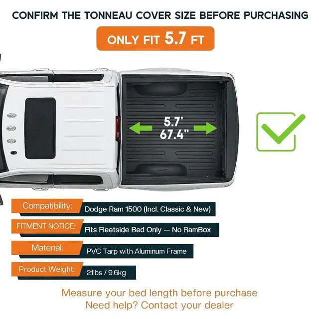 Alt view image 2 of 7 - Albott 5.7 FT Soft Tri-fold Truck Bed Tonneau Cover for 20092026 Dodge Ram 1500 (Incl. Classic & New), Fits Fleetside Bed Without Rambox