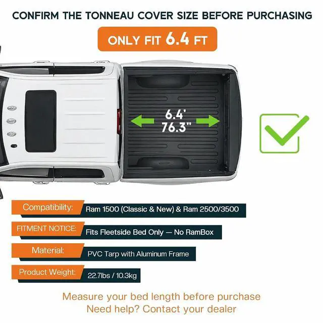 Alt view image 2 of 7 - Albott 6.4 FT Soft Tri-Fold Truck Bed Tonneau Cover for 20022026 Dodge Ram 1500 (Classic & New), 20032026 Ram 2500/3500 Fits Fleetside Bed Without Rambox