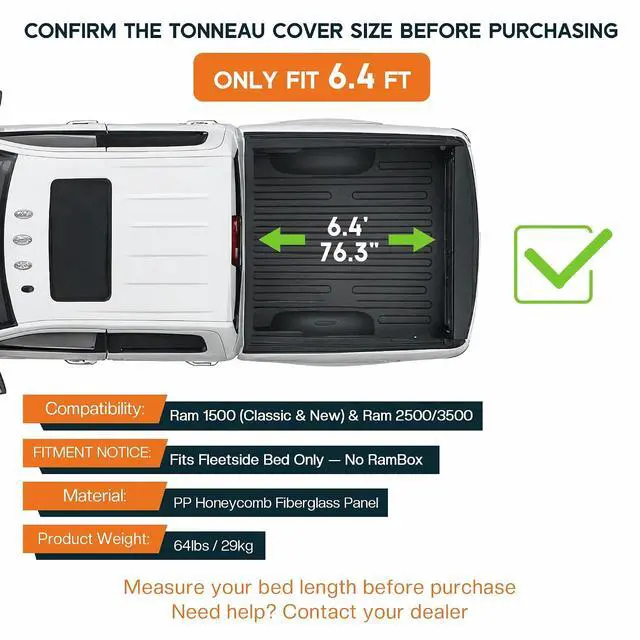 Alt view image 2 of 7 - Albott 6.4 FT FRP Hard Tri-fold Truck Bed Tonneau Cover for 20022026 Dodge Ram 1500 (Classic & New), 20032026 Ram 2500/3500 Fits Fleetside Bed Without Rambox