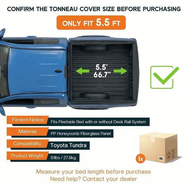 Alt view image 2 of 7 - Albott 5.5 FT FRP Hard Tri-fold Truck Bed Tonneau Cover for 20142026 Toyota Tundra, Fits Fleetside Bed with or Without Deck Rail System