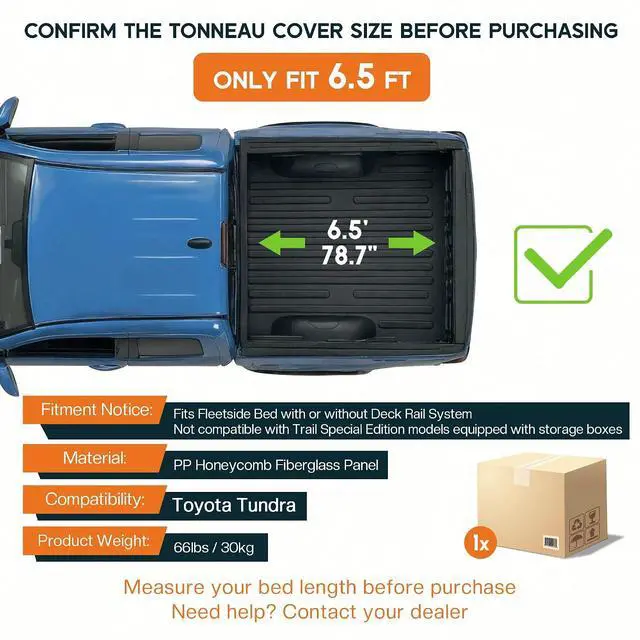 Alt view image 2 of 7 - Albott 6.5 FT FRP Hard Tri-fold Truck Bed Tonneau Cover for 20142026 Toyota Tundra, Fits Fleetside Bed with or Without Deck Rail System