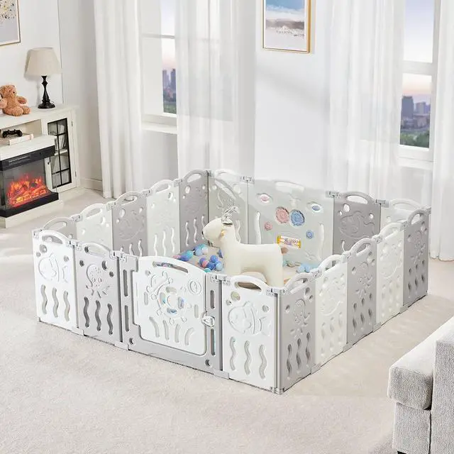 Alt view image 2 of 7 - Baby Fence Kid Playpen 18 Panel Play Yard - Foldable Kids Safety Activity Center Playard Safety Lock Gate,Adjustable Shape, Portable Design for Indoor and Outdoor (18 Panel, Grey+White)