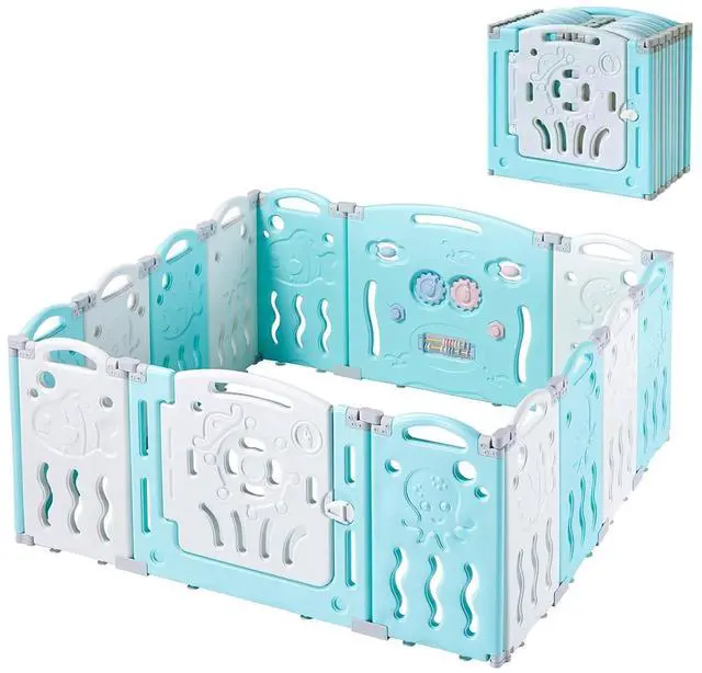 Main image of Baby Fence Play Yard Baby Playpen 14 Panels - Kids Safety Play Center Yard Game Panel and Gate with Safety Lock Adjustable Shape for Children Toddlers Indoors or Outdoors 25 Sq Ft(Blue+White)