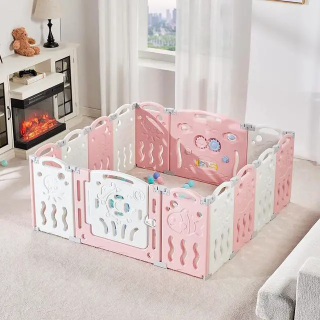 Main image of Baby Playpen, Upgraded 14 Panels Foldable Baby Fence with Game Panel and Safety Gate, Adjustable Shape, Portable Play Yards for Children Toddlers Indoors or Outdoors (Pink+White,14 Panel)