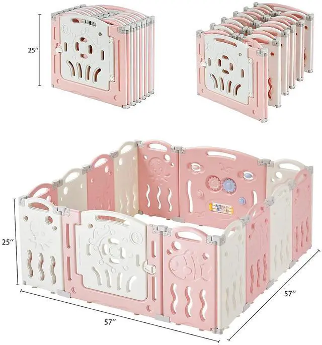 Alt view image 2 of 7 - Baby Playpen, Upgraded 14 Panels Foldable Baby Fence with Game Panel and Safety Gate, Adjustable Shape, Portable Play Yards for Children Toddlers Indoors or Outdoors (Pink+White,14 Panel)