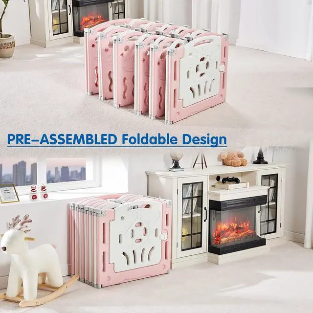 Alt view image 3 of 7 - Baby Playpen, Upgraded 14 Panels Foldable Baby Fence with Game Panel and Safety Gate, Adjustable Shape, Portable Play Yards for Children Toddlers Indoors or Outdoors (Pink+White,14 Panel)