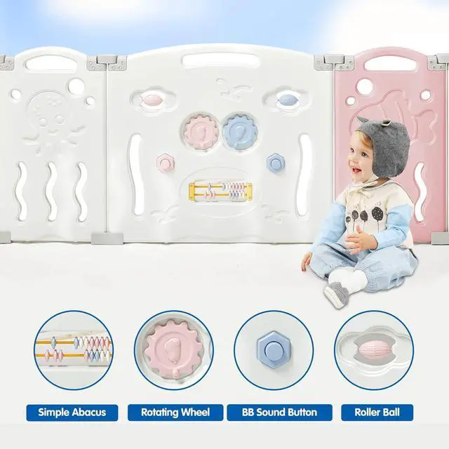 Alt view image 5 of 7 - Baby Playpen, Upgraded 14 Panels Foldable Baby Fence with Game Panel and Safety Gate, Adjustable Shape, Portable Play Yards for Children Toddlers Indoors or Outdoors (Pink+White,14 Panel)