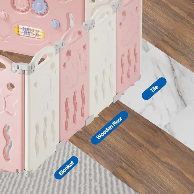 Alt view image 6 of 7 - Baby Playpen, Upgraded 14 Panels Foldable Baby Fence with Game Panel and Safety Gate, Adjustable Shape, Portable Play Yards for Children Toddlers Indoors or Outdoors (Pink+White,14 Panel)
