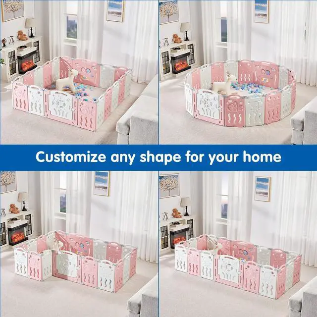 Alt view image 7 of 7 - Baby Playpen, Upgraded 14 Panels Foldable Baby Fence with Game Panel and Safety Gate, Adjustable Shape, Portable Play Yards for Children Toddlers Indoors or Outdoors (Pink+White,14 Panel)