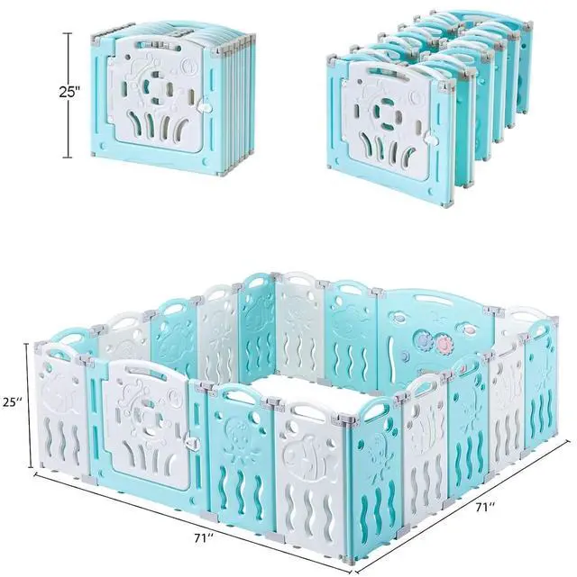 Alt view image 7 of 7 - Baby Playpen, 18 Panels Foldable Baby Fence with Game Panel and Safety Gate, Adjustable Shape, Portable Play Yards for Children Toddlers Indoors or Outdoors (White+Blue, 18 Panel)