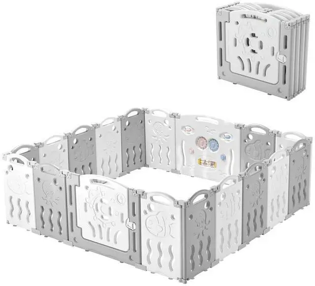 Main image of Baby Playpen Playard 18 Panel - Kids Safety Activity Center Foldable Play Fence Safety Lock Gate,Adjustable Shape, Portable Design for Indoor and Outdoors Use Grey+White, 18 Panel