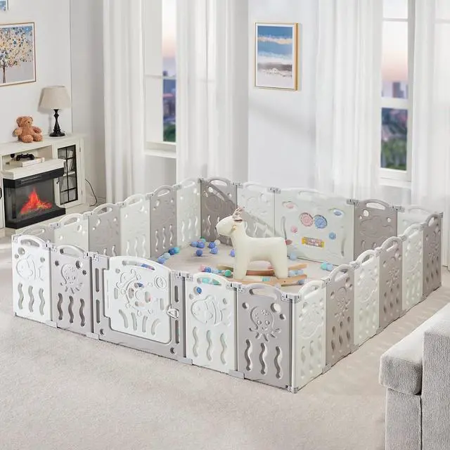 Alt view image 2 of 7 - Baby Playpen Playard 18 Panel - Kids Safety Activity Center Foldable Play Fence Safety Lock Gate,Adjustable Shape, Portable Design for Indoor and Outdoors Use Grey+White, 18 Panel