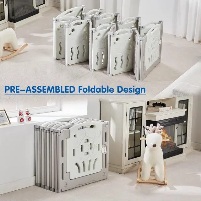 Alt view image 4 of 7 - Baby Playpen Playard 18 Panel - Kids Safety Activity Center Foldable Play Fence Safety Lock Gate,Adjustable Shape, Portable Design for Indoor and Outdoors Use Grey+White, 18 Panel