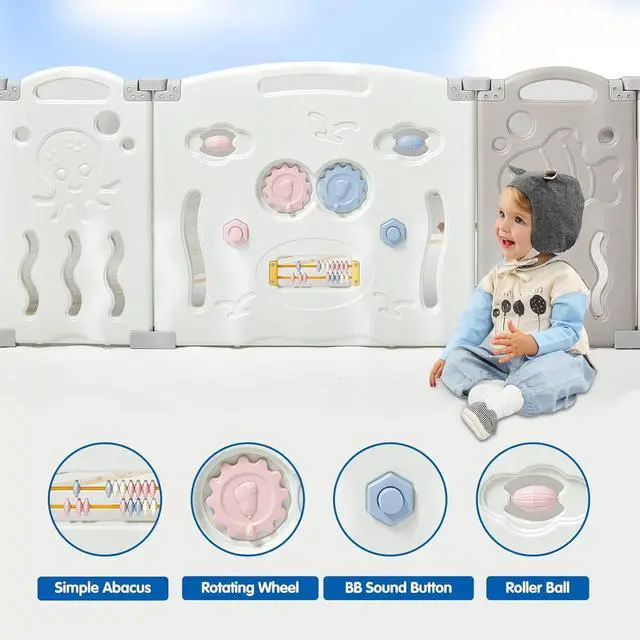 Alt view image 5 of 7 - Baby Playpen Playard 18 Panel - Kids Safety Activity Center Foldable Play Fence Safety Lock Gate,Adjustable Shape, Portable Design for Indoor and Outdoors Use Grey+White, 18 Panel